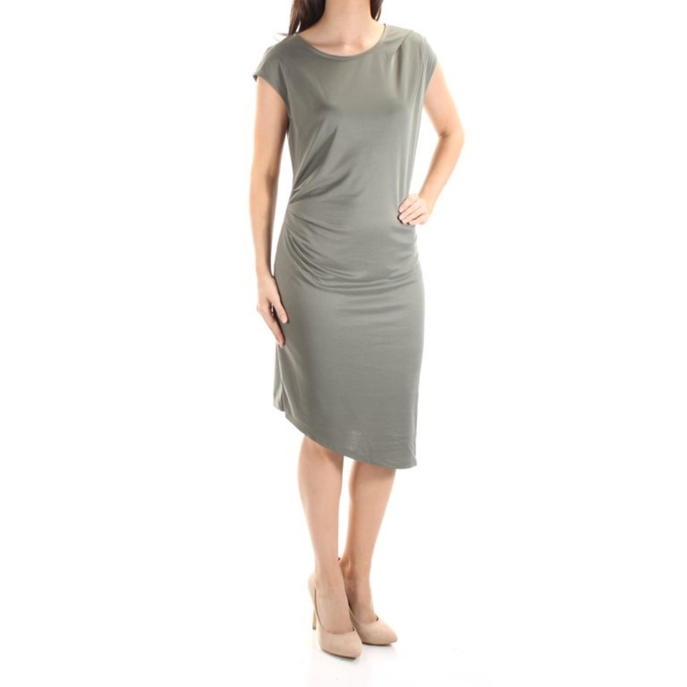 BAR III Cap Sleeve Pleated Sheath Dress Asymmetric Taupe Grey Modal Size XS
